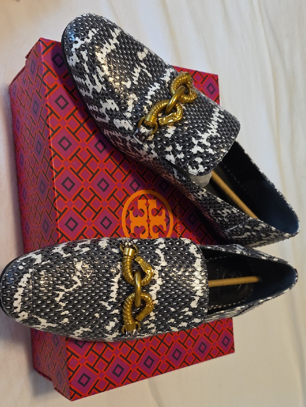 Tory Burch Black White Roccia Jessica Loafer Land Snake Skin Black White W  gold